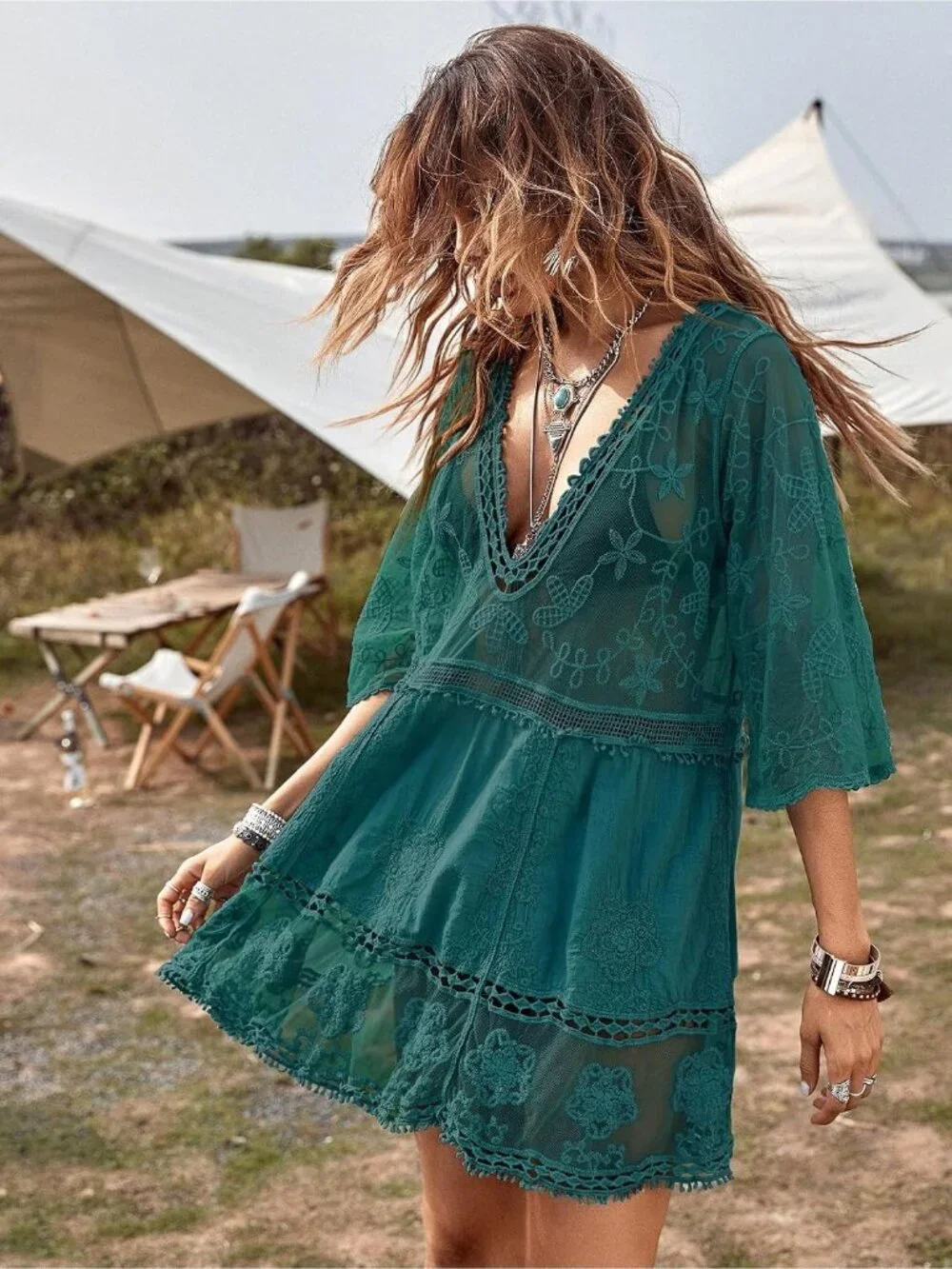 Womens Navy Blue Rayon V-Neck Coverup Mesh Lace Bathing Suit Swimsuit Coverup